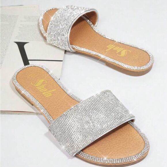 Shein Silver Round Toe Rhinestone Flat Sandals - Picture 4 of 12